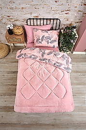 Tek Kişilik Uyku Seti Çift Taraflı Wellsoft Pofuduk Polar Yorgan Yastık Kılıfı ve 100x200 Lastikli Çarşaf Alena Pudra