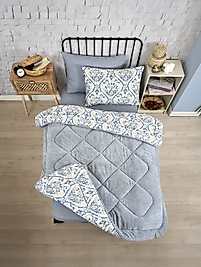 Tek Kişilik Uyku Seti Çift Taraflı Wellsoft Pofuduk Polar Yorgan Yastık Kılıfı ve 100x200 Lastikli Çarşaf Aksu Gri