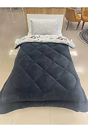 Tek Kişilik Çift Taraflı Lüx Welsoft Elit Yorgan Yumuşak Polar Yorgan ve Yastık Kılıfı Astronot Füme