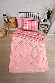 Tek Kişilik Uyku Seti Çift Taraflı Wellsoft Pofuduk Polar Yorgan Yastık Kılıfı ve 100x200 Lastikli Çarşaf Safir Pudra