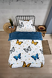 Tek Kişilik Çift Taraflı Lüx Welsoft Elit Yorgan Yumuşak Polar Yorgan ve Yastık Kılıfı İndigo Kelebek