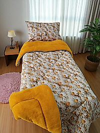 Tek kişilik %100 PAMUK KUMAŞ 5 BOYUTLU WELSOFT YORGAN SETİ SARI PAPATYA