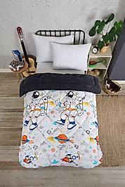 Tek Kişilik Uyku Seti Çift Taraflı Wellsoft Pofuduk Polar Yorgan Yastık Kılıfı ve 100x200 Lastikli Çarşaf Astronot Füme