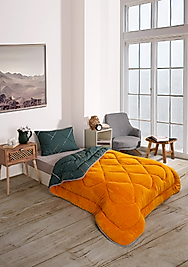 Tek Kişilik Çift Taraflı Lüx Welsoft Elit Yorgan Yumuşak Polar Yorgan ve Yastık Kılıfı Yansıma Hardal