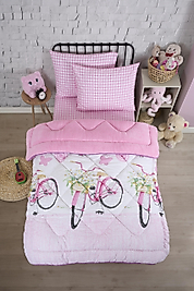 Tek Kişilik Uyku Seti Çift Taraflı Wellsoft Pofuduk Polar Yorgan Yastık Kılıfı ve 100x200 Lastikli Çarşaf Pudra Bisiklet