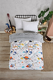 Tek Kişilik Uyku Seti Çift Taraflı Wellsoft Pofuduk Polar Yorgan Yastık Kılıfı ve 100x200 Lastikli Çarşaf Astronot Gri