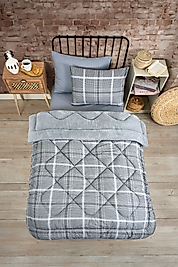 Tek Kişilik Uyku Seti Çift Taraflı Wellsoft Pofuduk Polar Yorgan Yastık Kılıfı ve 100x200 Lastikli Çarşaf Safir Gri