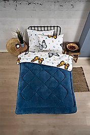 Tek Kişilik Uyku Seti Çift Taraflı Wellsoft Pofuduk Polar Yorgan Yastık Kılıfı ve 100x200 Lastikli Çarşaf Kelebek İndigo