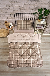 Tek Kişilik Çift Taraflı Lüx Welsoft Elit Yorgan Yumuşak Polar Yorgan ve Yastık Kılıfı Safir Bej