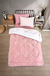 Tek Kişilik Uyku Seti Çift Taraflı Wellsoft Pofuduk Polar Yorgan Yastık Kılıfı ve 100x200 Lastikli Çarşaf Alena Pudra