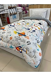 Tek Kişilik Çift Taraflı Lüx Welsoft Elit Yorgan Yumuşak Polar Yorgan ve Yastık Kılıfı Astronot Gri