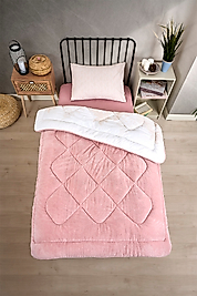 Tek Kişilik Çift Taraflı Lüx Welsoft Elit Yorgan Yumuşak Polar Yorgan ve Yastık Kılıfı Alena Pudra